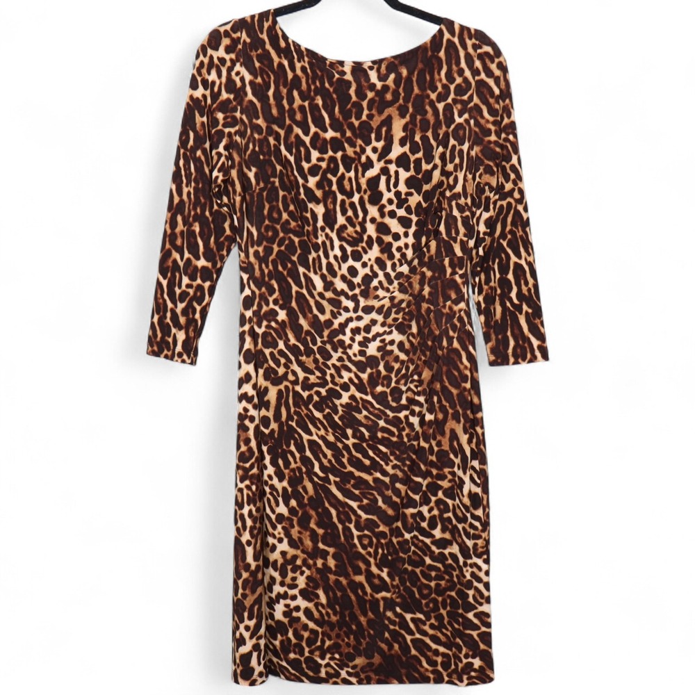 Lauren Ralph Lauren Womens Midi Dress Sz 6 Leopard Print Ruched 3/4 Sleeve Lined
